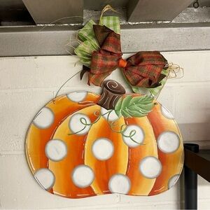 Fall Polka Dot Pumpkin Door Hanger - Cute Hand-Painted Wood Sign w/ Bow